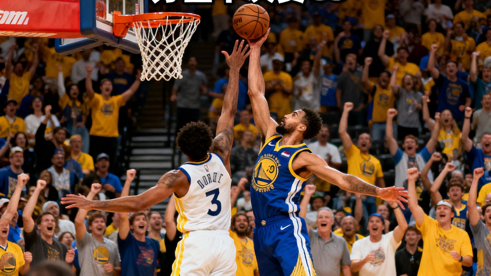 NBA季后赛战报封面，球员在篮下激烈对抗争夺篮板球，观众席一片沸腾